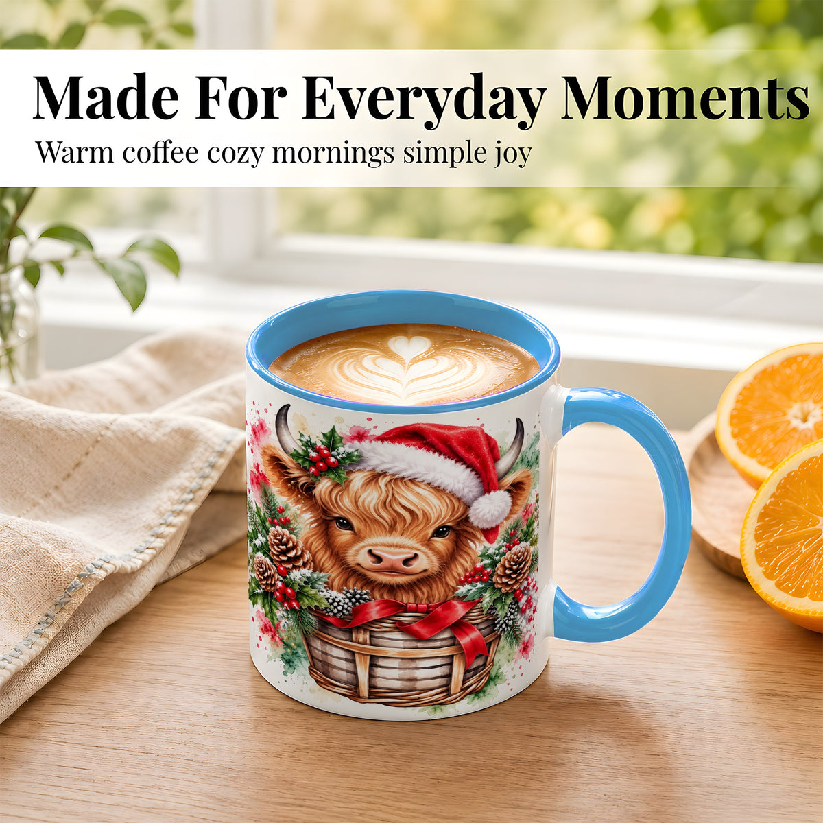 #pl[11oz|Blue] Santa Hat Highland Cow Coffee Mug, Christmas Cow Mug, Ceramic Cup
