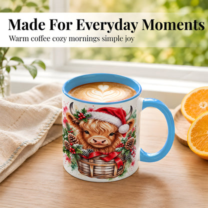 #pl[11oz|Blue] Santa Hat Highland Cow Coffee Mug, Christmas Cow Mug, Ceramic Cup