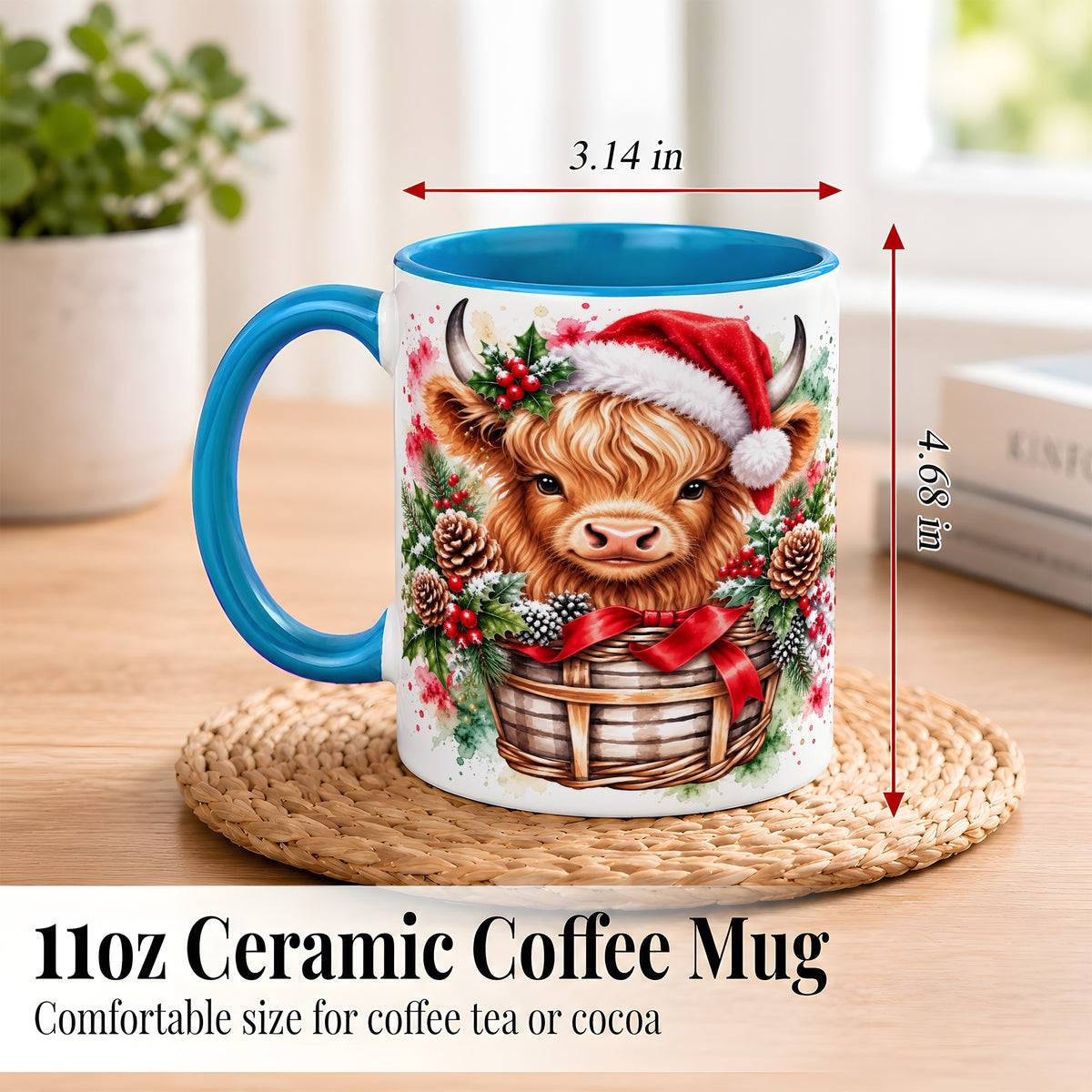 #pl[11oz|Blue] Santa Hat Highland Cow Coffee Mug, Christmas Cow Mug, Ceramic Cup