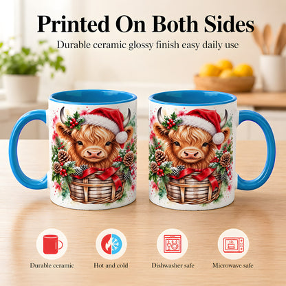 #pl[11oz|Blue] Santa Hat Highland Cow Coffee Mug, Christmas Cow Mug, Ceramic Cup