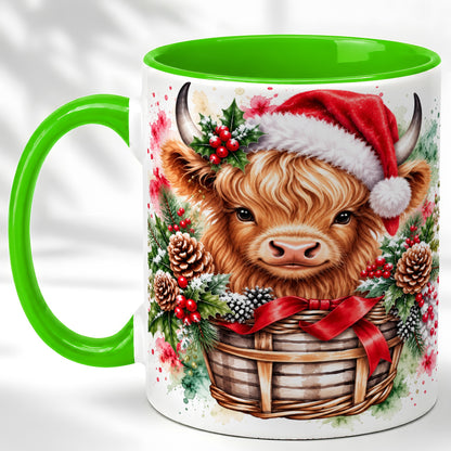 #pl[11oz|Green] Santa Hat Highland Cow Coffee Mug, Christmas Cow Mug, Ceramic Cup