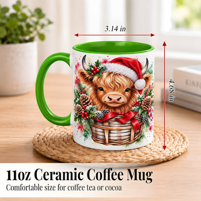 #pl[11oz|Green] Santa Hat Highland Cow Coffee Mug, Christmas Cow Mug, Ceramic Cup