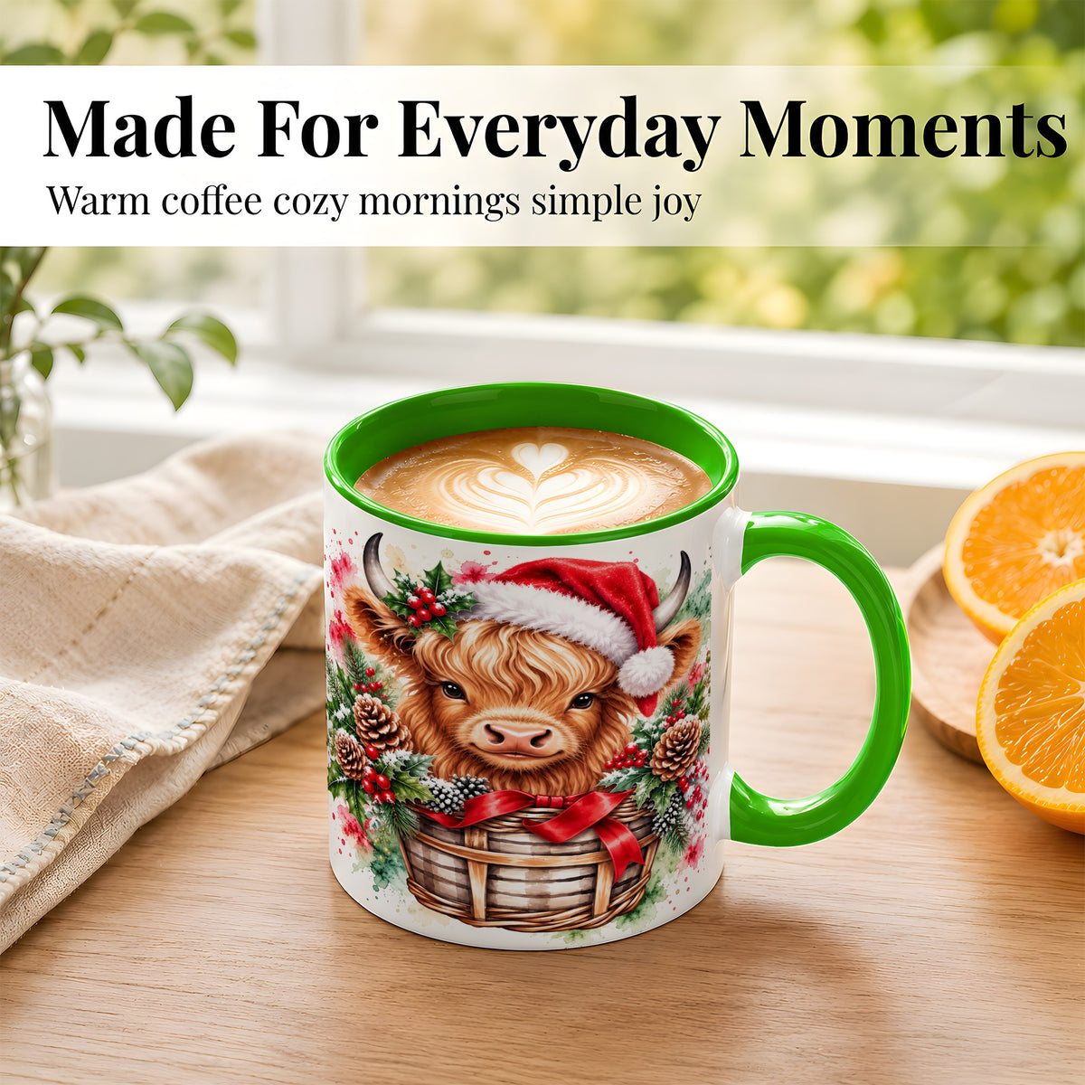 #pl[11oz|Green] Santa Hat Highland Cow Coffee Mug, Christmas Cow Mug, Ceramic Cup