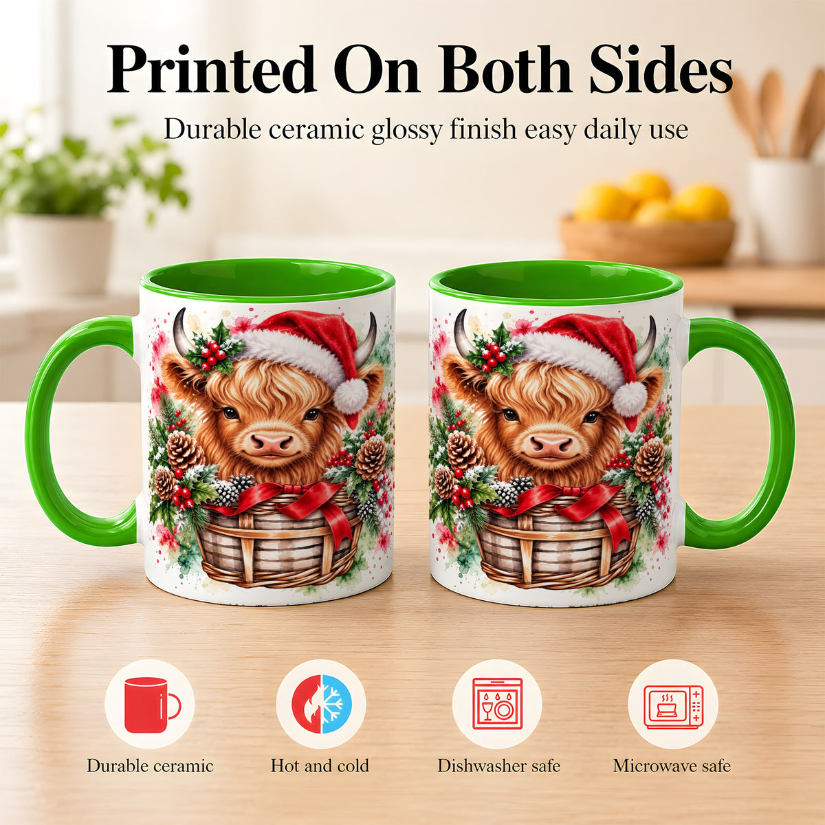 #pl[11oz|Green] Santa Hat Highland Cow Coffee Mug, Christmas Cow Mug, Ceramic Cup