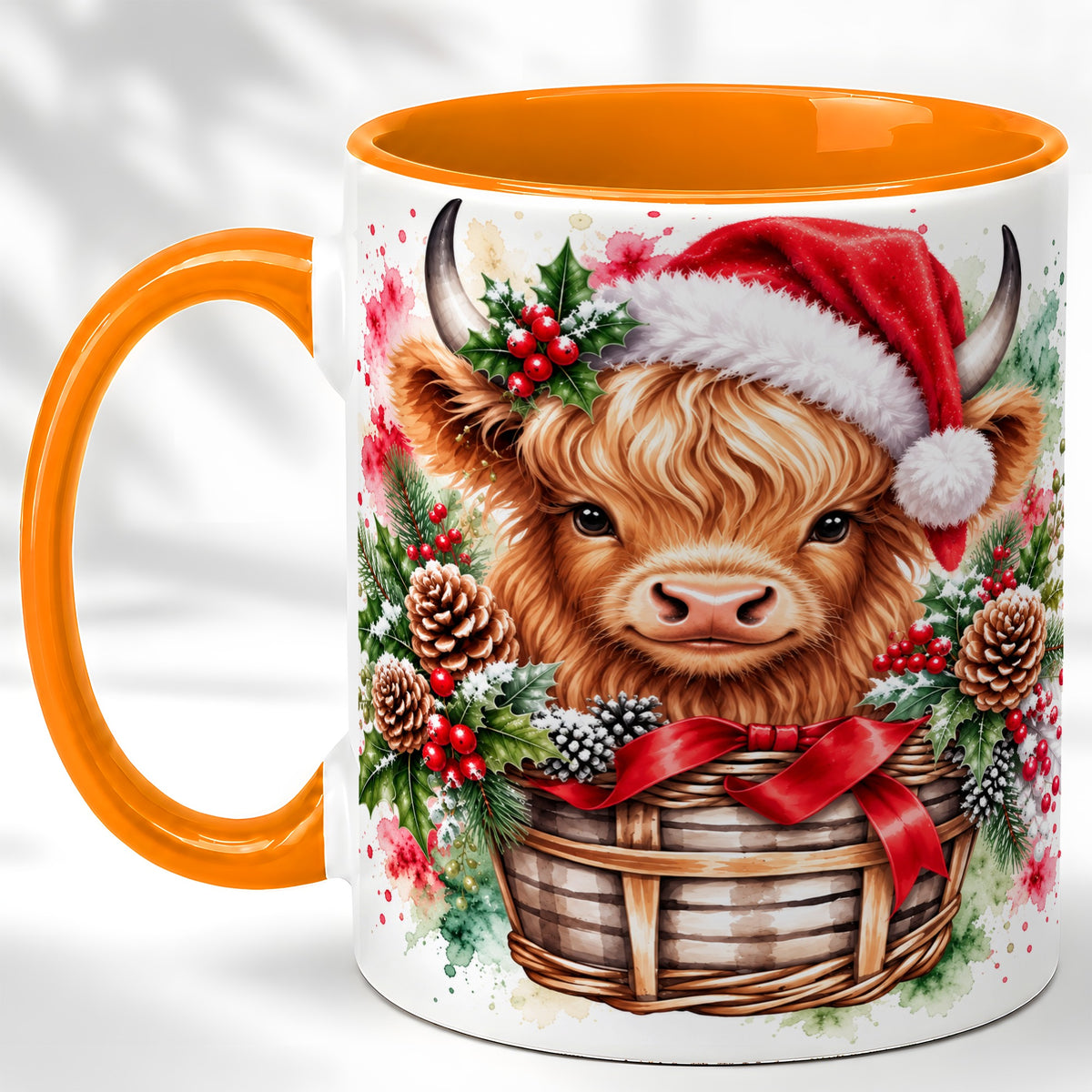 #pl[11oz|Orange] Santa Hat Highland Cow Coffee Mug, Christmas Cow Mug, Ceramic Cup