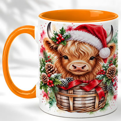#pl[11oz|Orange] Santa Hat Highland Cow Coffee Mug, Christmas Cow Mug, Ceramic Cup