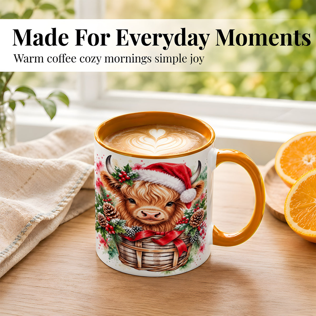 #pl[11oz|Orange] Santa Hat Highland Cow Coffee Mug, Christmas Cow Mug, Ceramic Cup
