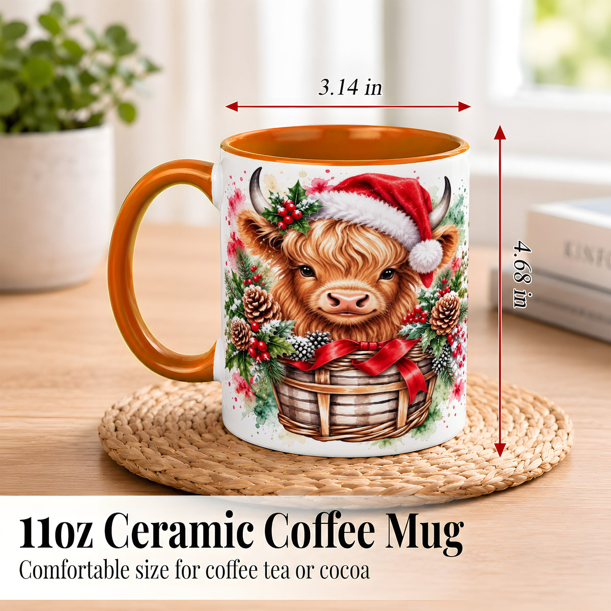 #pl[11oz|Orange] Santa Hat Highland Cow Coffee Mug, Christmas Cow Mug, Ceramic Cup