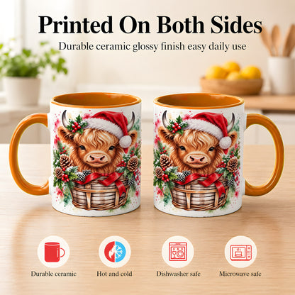 #pl[11oz|Orange] Santa Hat Highland Cow Coffee Mug, Christmas Cow Mug, Ceramic Cup