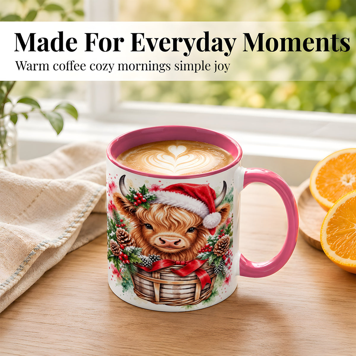 #pl[11oz|Pink] Santa Hat Highland Cow Coffee Mug, Christmas Cow Mug, Ceramic Cup