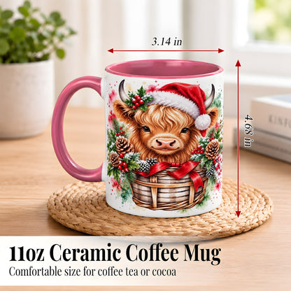 #pl[11oz|Pink] Santa Hat Highland Cow Coffee Mug, Christmas Cow Mug, Ceramic Cup