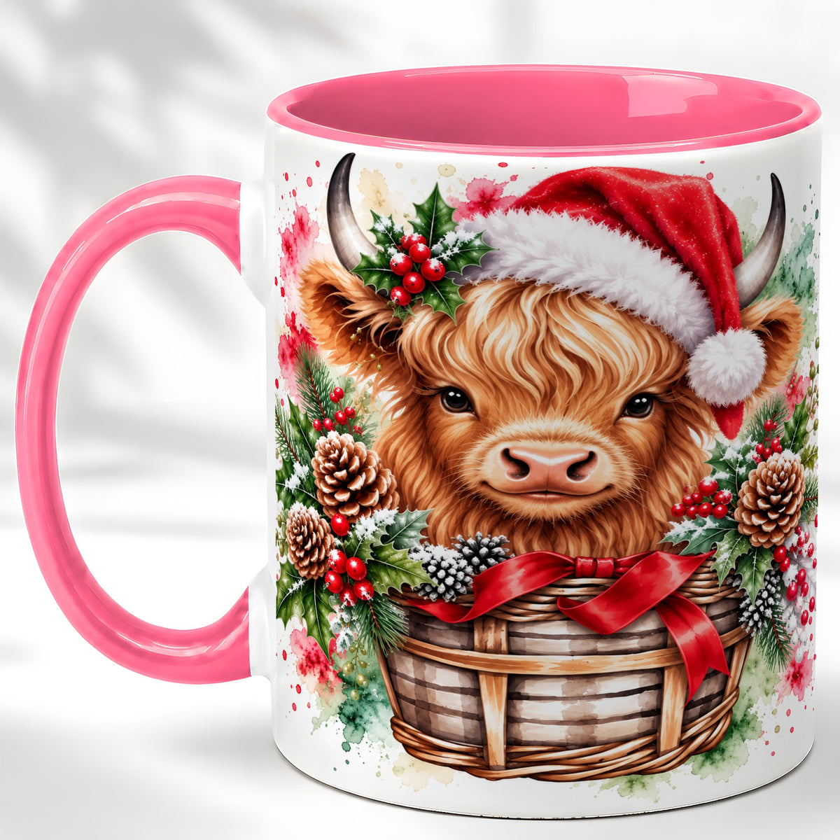 #pl[11oz|Pink] Santa Hat Highland Cow Coffee Mug, Christmas Cow Mug, Ceramic Cup