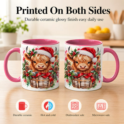 #pl[11oz|Pink] Santa Hat Highland Cow Coffee Mug, Christmas Cow Mug, Ceramic Cup