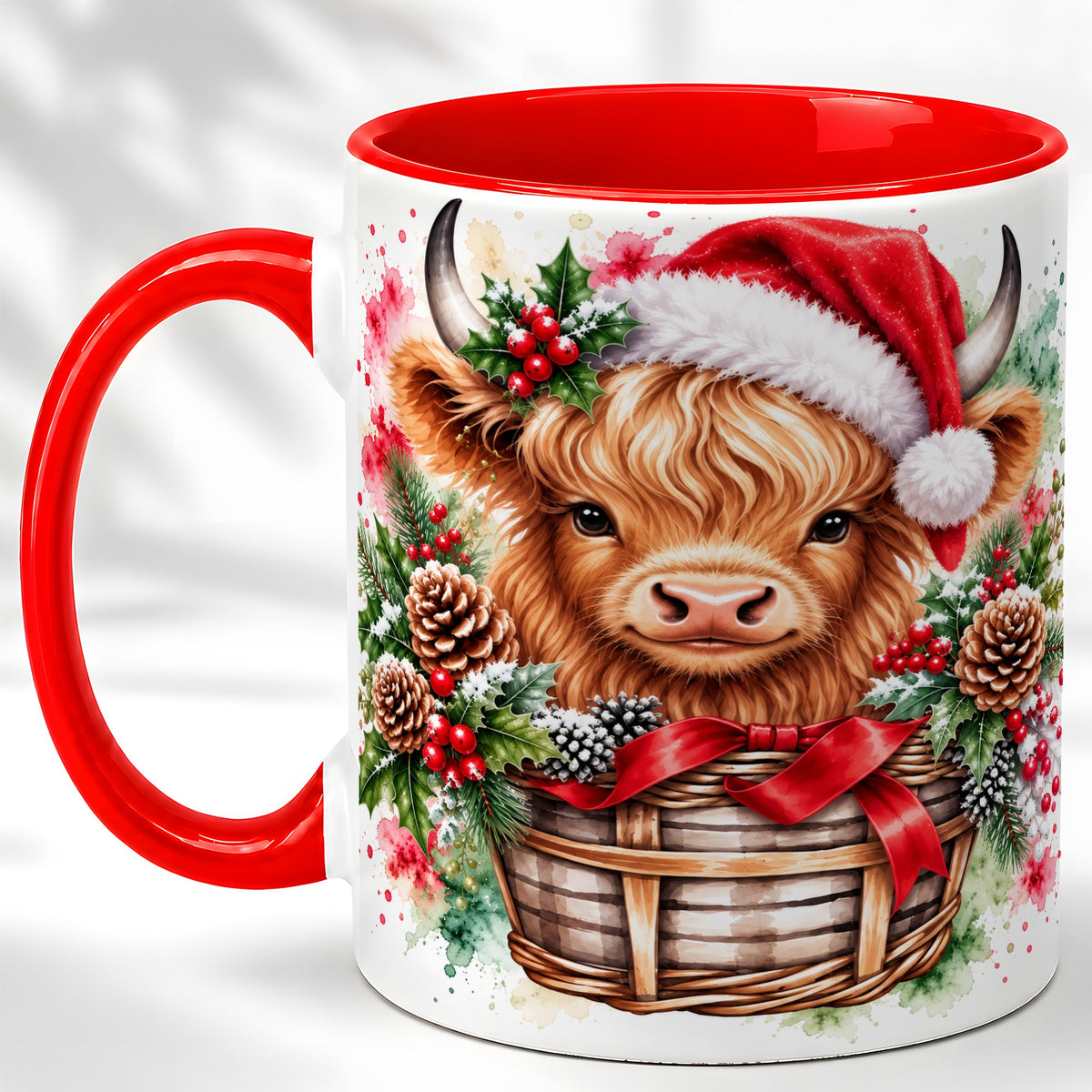 #pl[11oz|Red] Santa Hat Highland Cow Coffee Mug, Christmas Cow Mug, Ceramic Cup