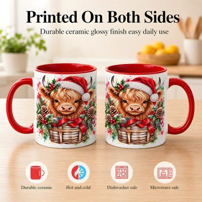 #pl[11oz|Red] Santa Hat Highland Cow Coffee Mug, Christmas Cow Mug, Ceramic Cup