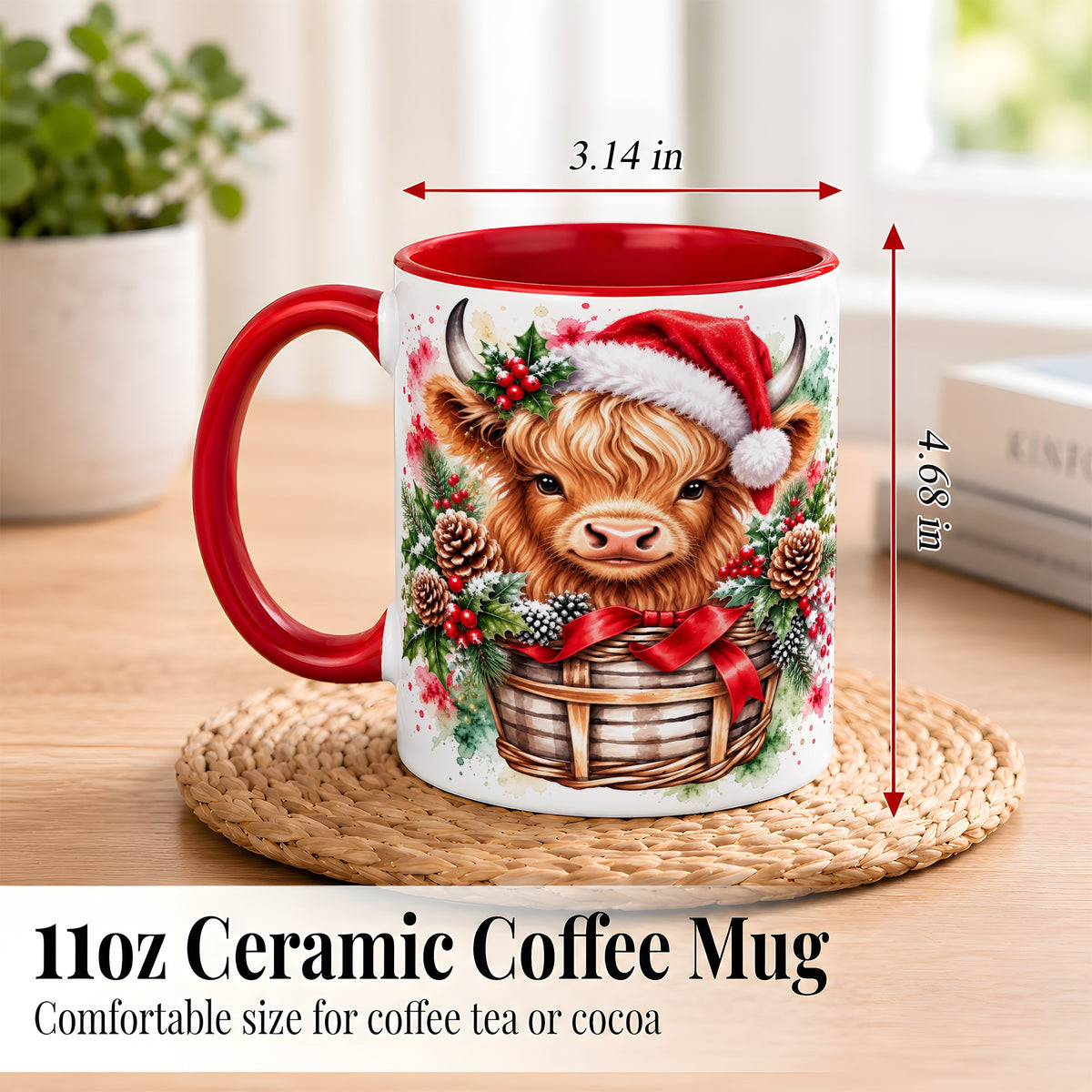 #pl[11oz|Red] Santa Hat Highland Cow Coffee Mug, Christmas Cow Mug, Ceramic Cup