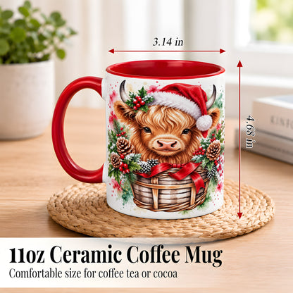 #pl[11oz|Red] Santa Hat Highland Cow Coffee Mug, Christmas Cow Mug, Ceramic Cup