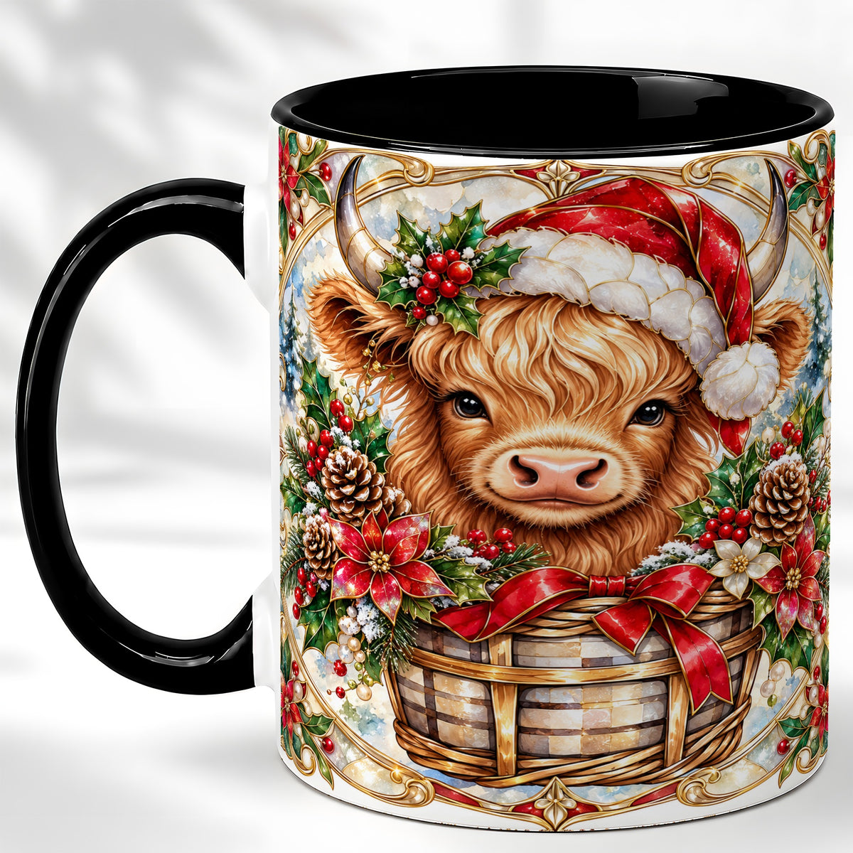 #pl[11oz|Black] Ornate Highland Cow Coffee Mug, Christmas Cow Mug, Ceramic Cup