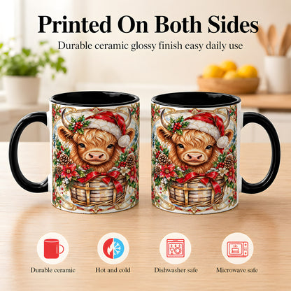 #pl[11oz|Black] Ornate Highland Cow Coffee Mug, Christmas Cow Mug, Ceramic Cup