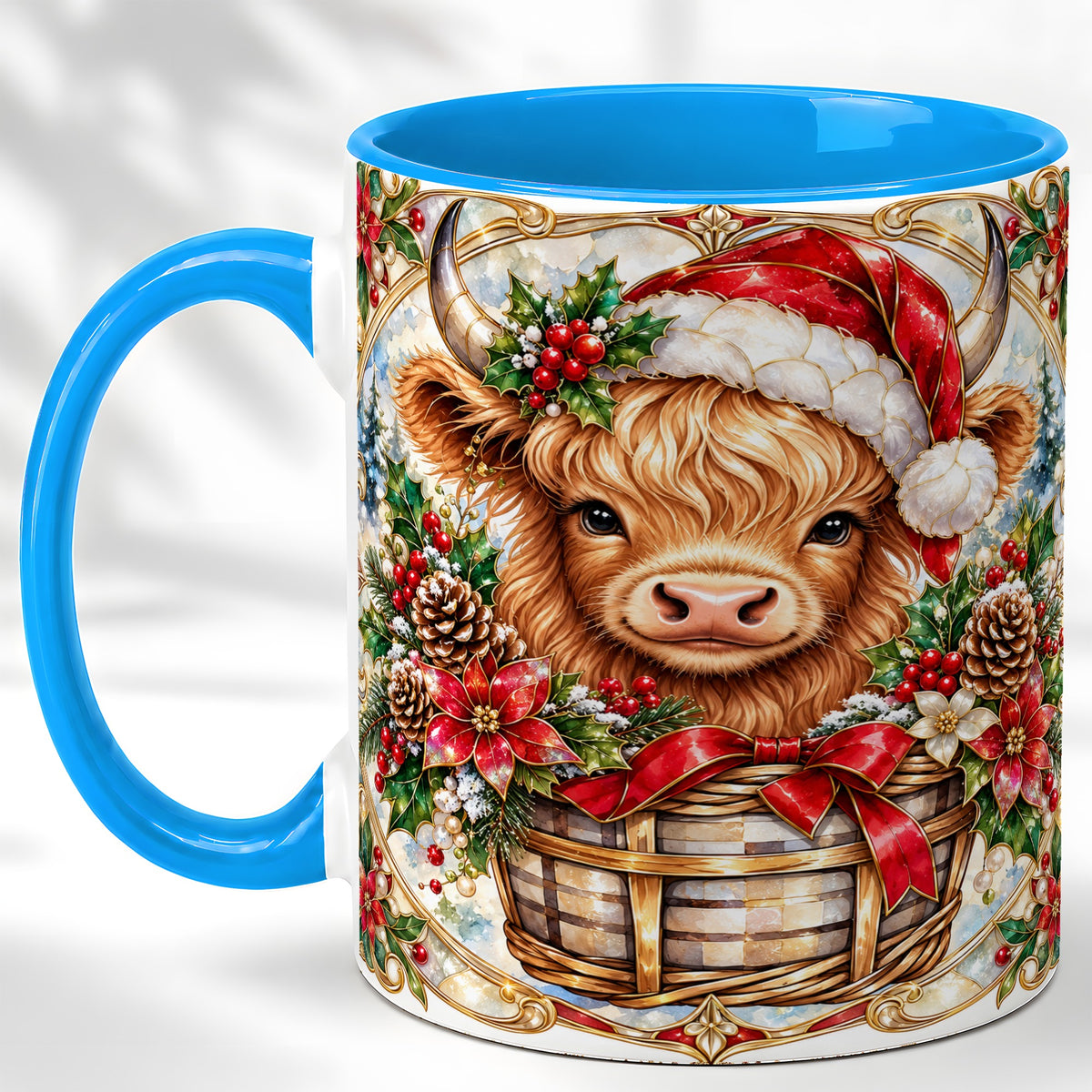 #pl[11oz|Blue] Ornate Highland Cow Coffee Mug, Christmas Cow Mug, Ceramic Cup