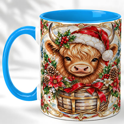 #pl[11oz|Blue] Ornate Highland Cow Coffee Mug, Christmas Cow Mug, Ceramic Cup