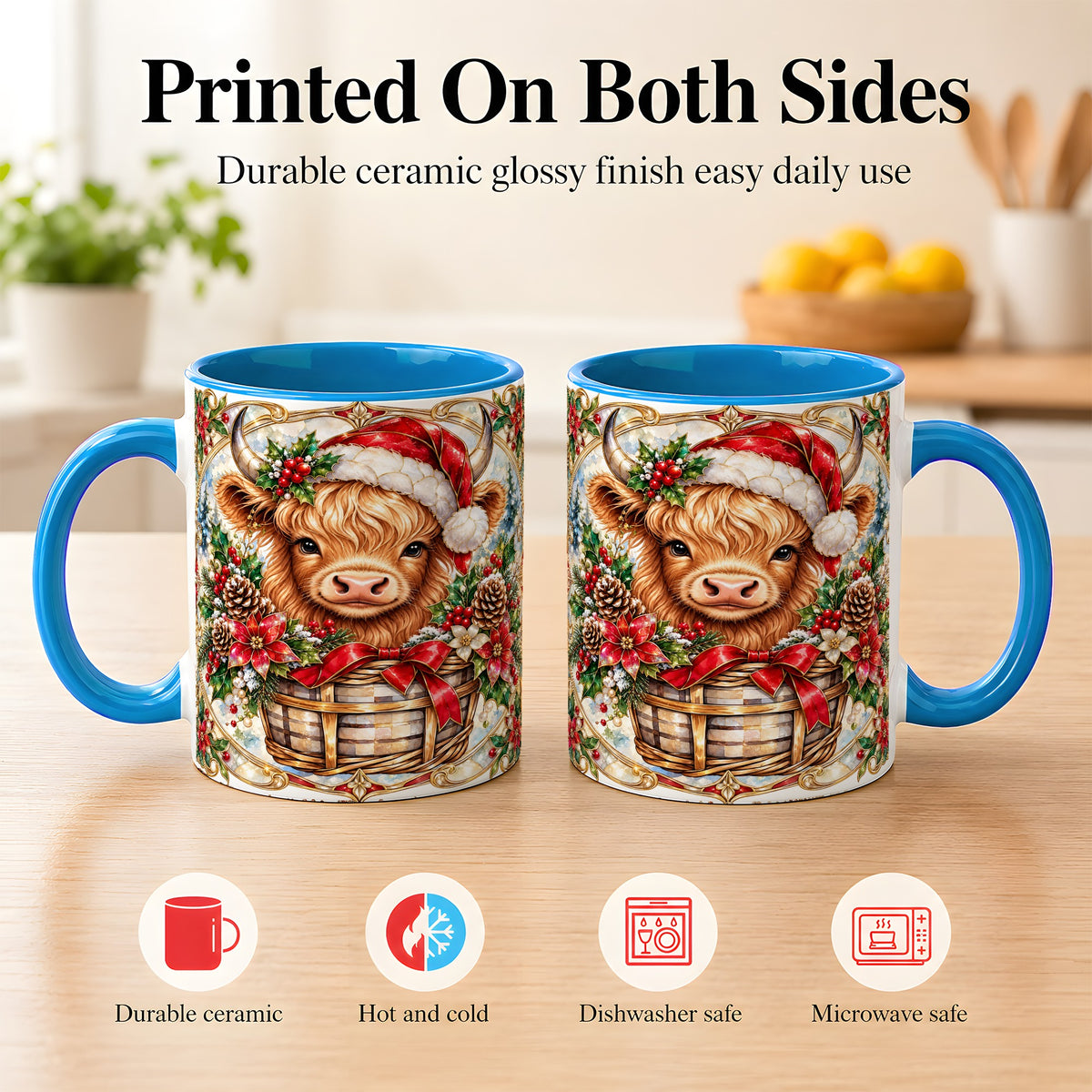 #pl[11oz|Blue] Ornate Highland Cow Coffee Mug, Christmas Cow Mug, Ceramic Cup