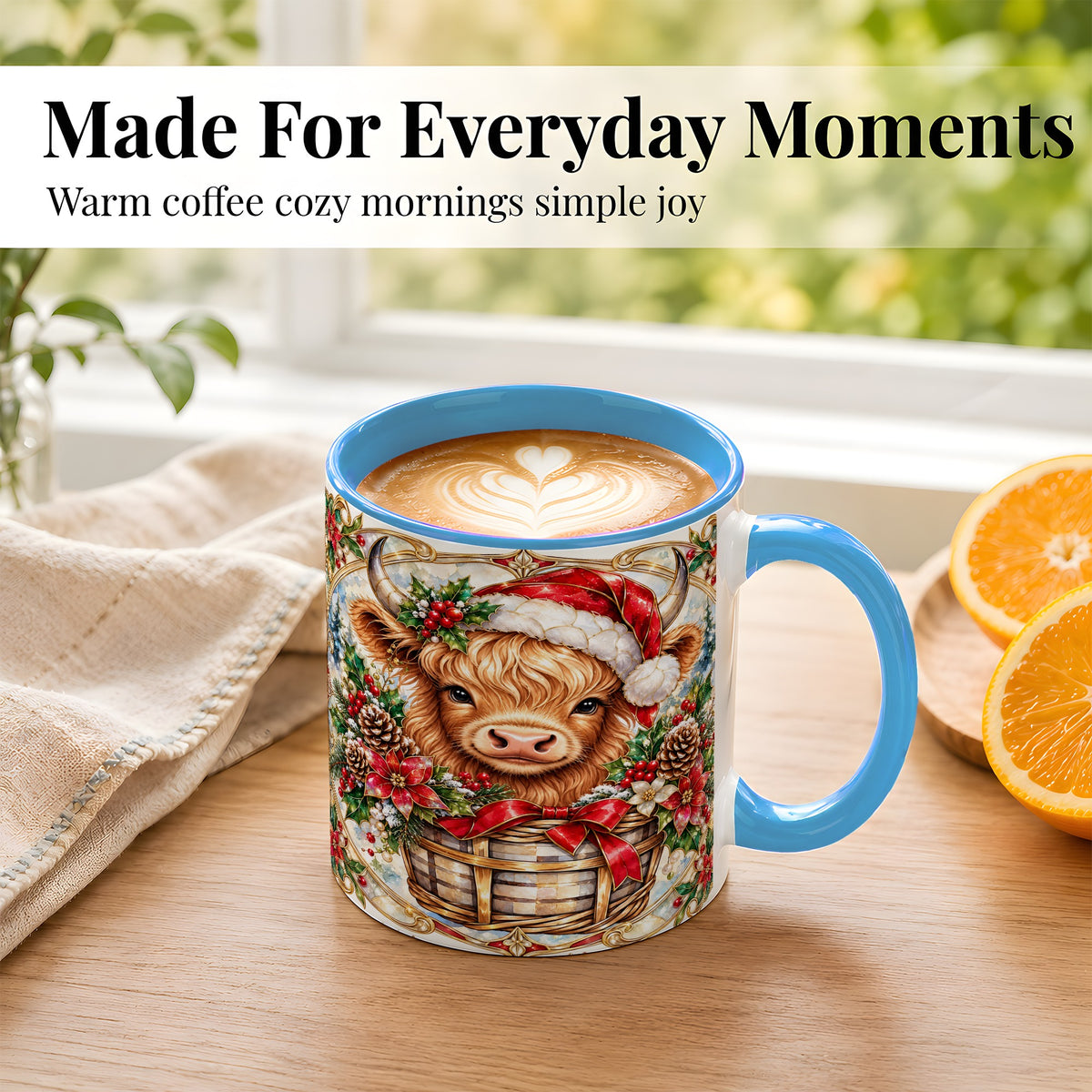 #pl[11oz|Blue] Ornate Highland Cow Coffee Mug, Christmas Cow Mug, Ceramic Cup