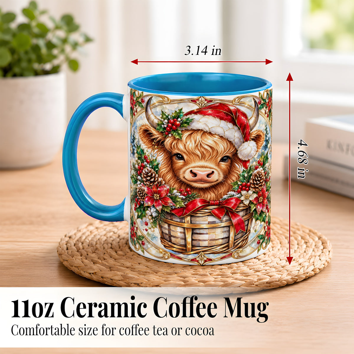 #pl[11oz|Blue] Ornate Highland Cow Coffee Mug, Christmas Cow Mug, Ceramic Cup