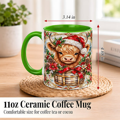 #pl[11oz|Green] Ornate Highland Cow Coffee Mug, Christmas Cow Mug, Ceramic Cup