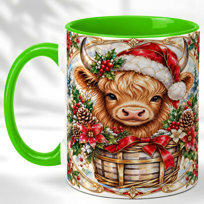 #pl[11oz|Green] Ornate Highland Cow Coffee Mug, Christmas Cow Mug, Ceramic Cup