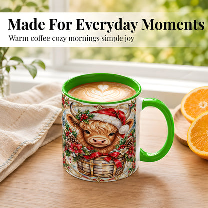 #pl[11oz|Green] Ornate Highland Cow Coffee Mug, Christmas Cow Mug, Ceramic Cup