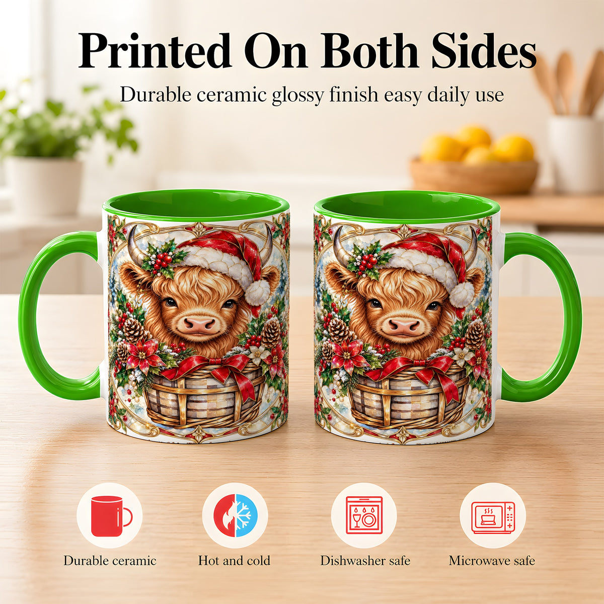 #pl[11oz|Green] Ornate Highland Cow Coffee Mug, Christmas Cow Mug, Ceramic Cup