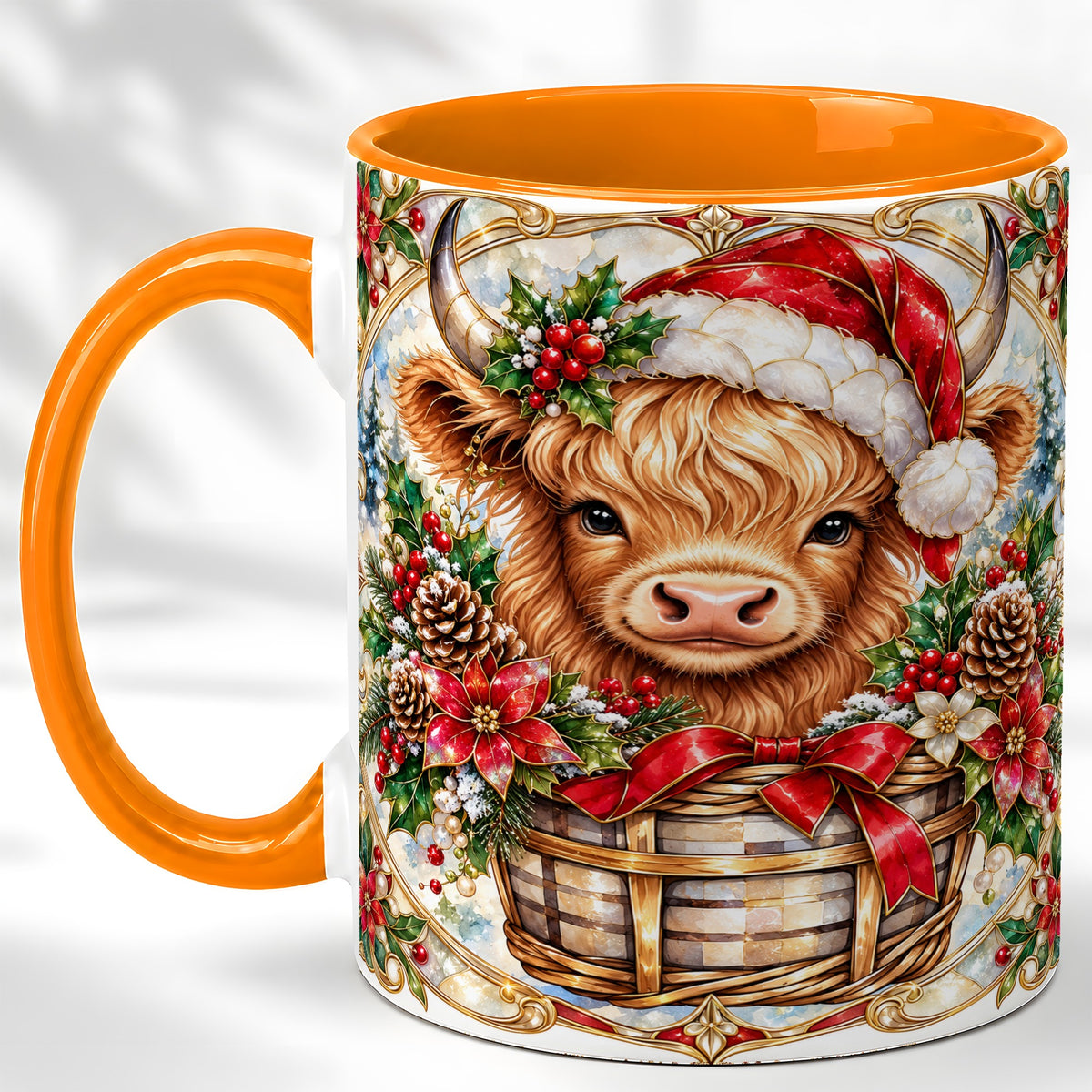 #pl[11oz|Orange] Ornate Highland Cow Coffee Mug, Christmas Cow Mug, Ceramic Cup