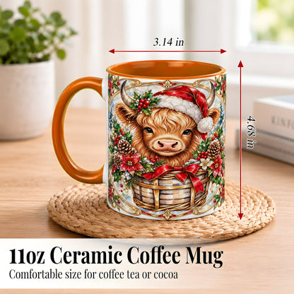 #pl[11oz|Orange] Ornate Highland Cow Coffee Mug, Christmas Cow Mug, Ceramic Cup