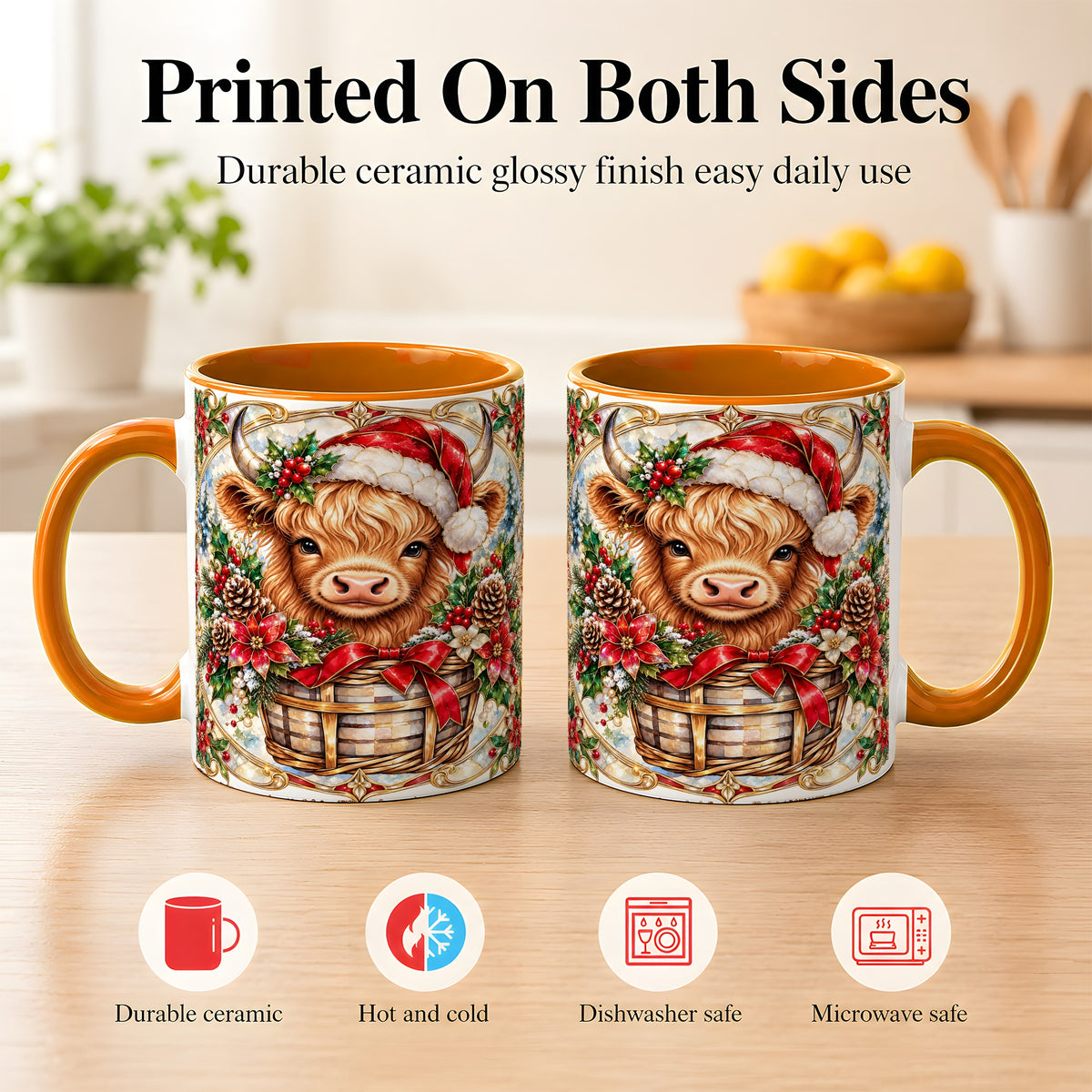 #pl[11oz|Orange] Ornate Highland Cow Coffee Mug, Christmas Cow Mug, Ceramic Cup