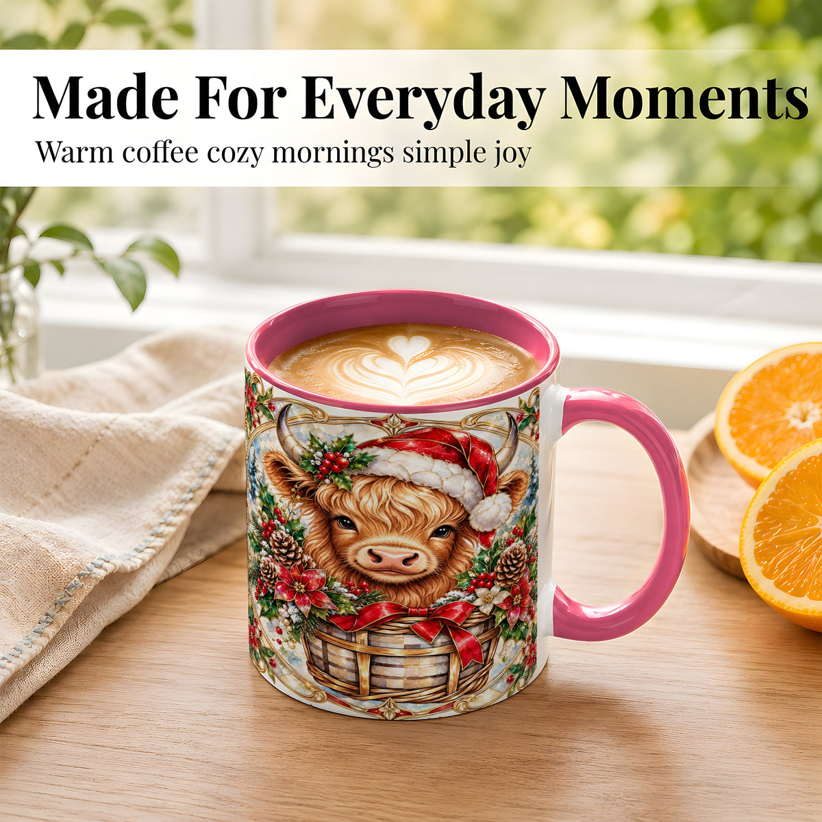 #pl[11oz|Pink] Ornate Highland Cow Coffee Mug, Christmas Cow Mug, Ceramic Cup