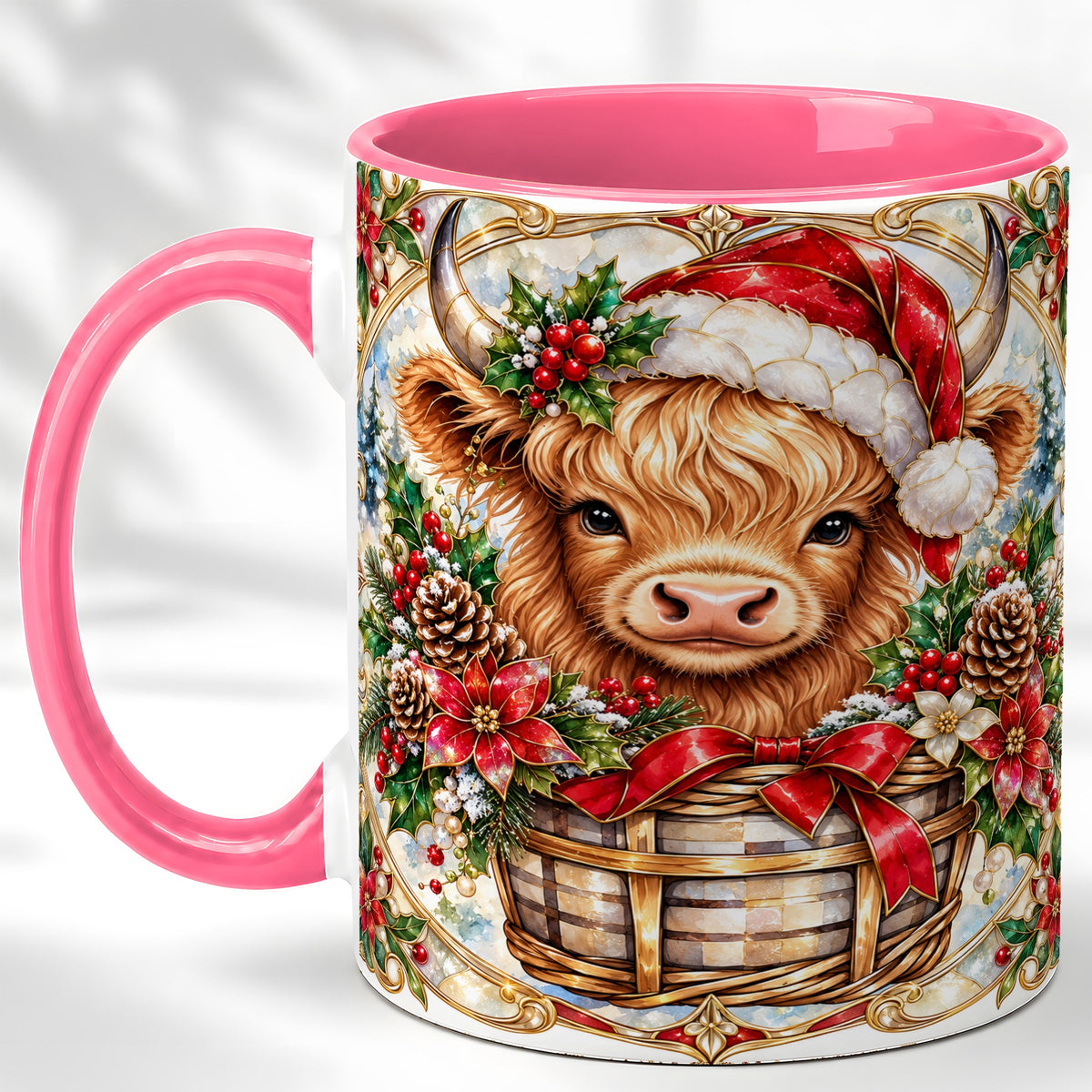 #pl[11oz|Pink] Ornate Highland Cow Coffee Mug, Christmas Cow Mug, Ceramic Cup
