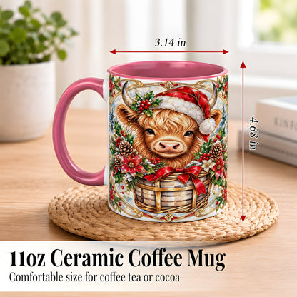 #pl[11oz|Pink] Ornate Highland Cow Coffee Mug, Christmas Cow Mug, Ceramic Cup