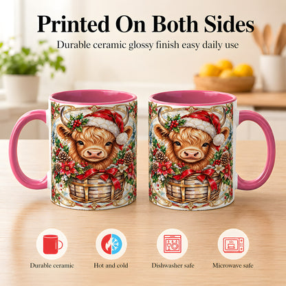 #pl[11oz|Pink] Ornate Highland Cow Coffee Mug, Christmas Cow Mug, Ceramic Cup