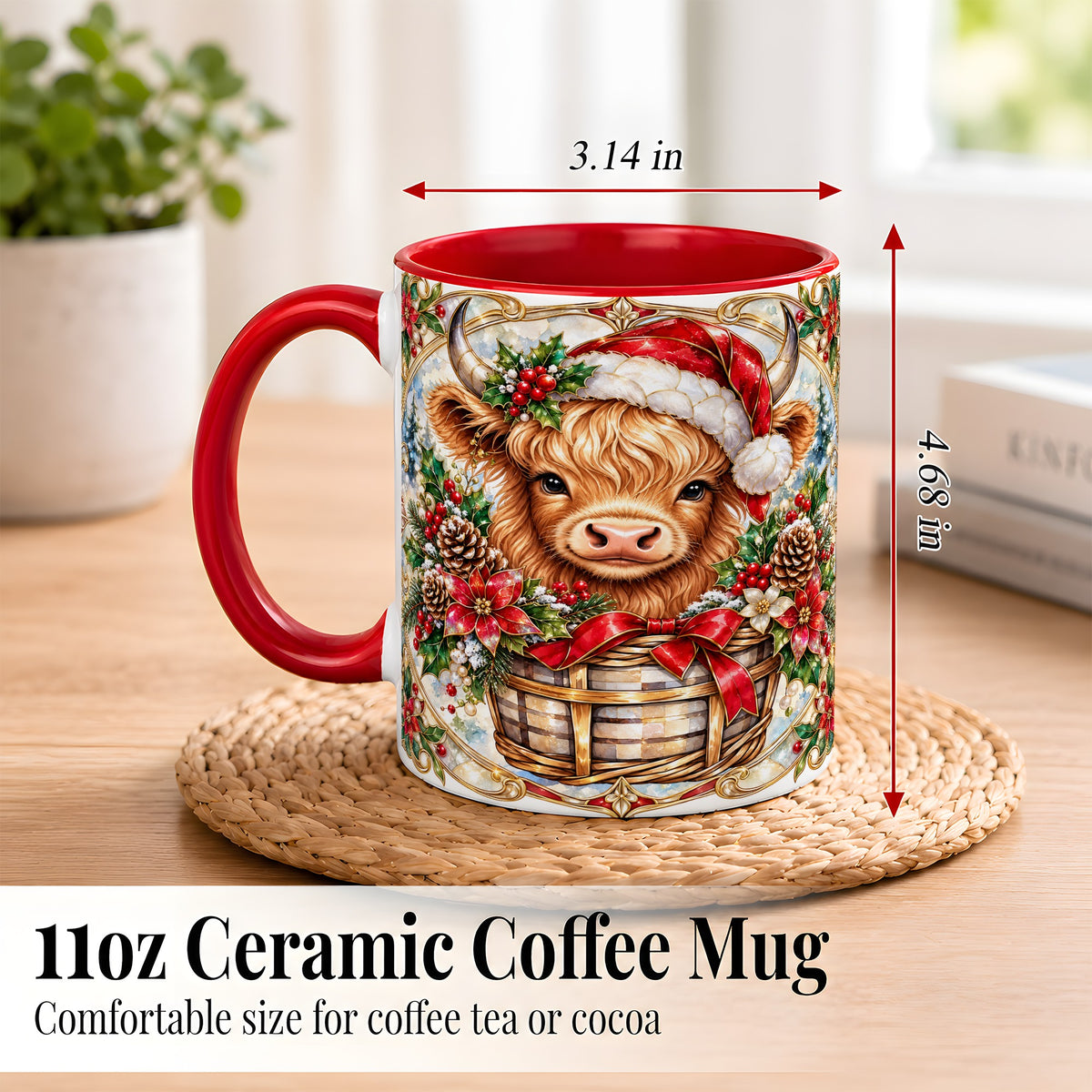 #pl[11oz|Red] Ornate Highland Cow Coffee Mug, Christmas Cow Mug, Ceramic Cup