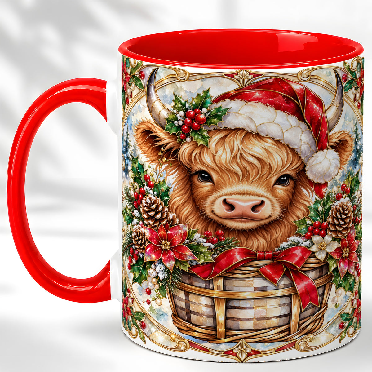 #pl[11oz|Red] Ornate Highland Cow Coffee Mug, Christmas Cow Mug, Ceramic Cup