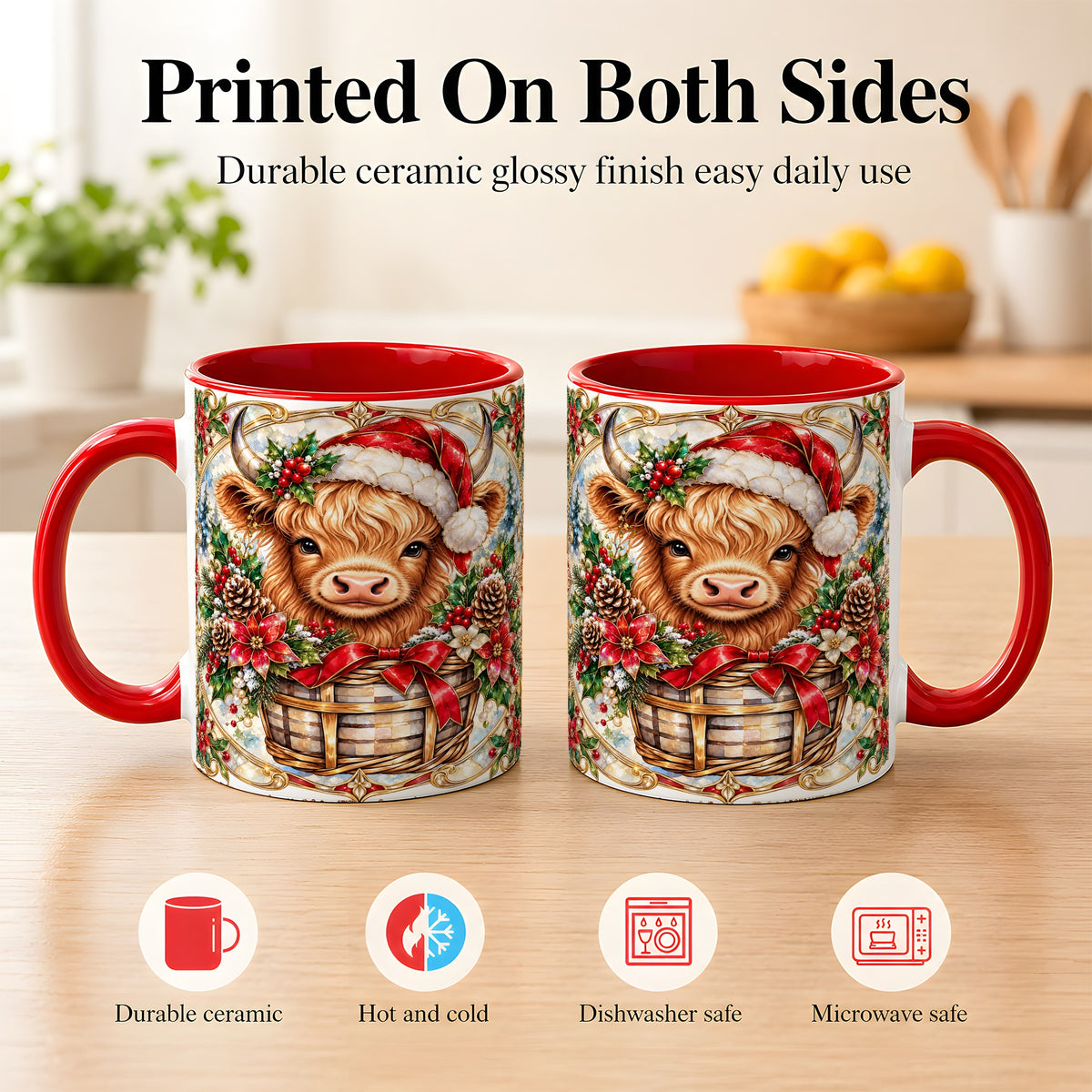 #pl[11oz|Red] Ornate Highland Cow Coffee Mug, Christmas Cow Mug, Ceramic Cup