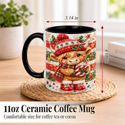 #pl[11oz|Black] Christmas Highland Cow Coffee Mug, Holiday Cow Mug, Ceramic Cup