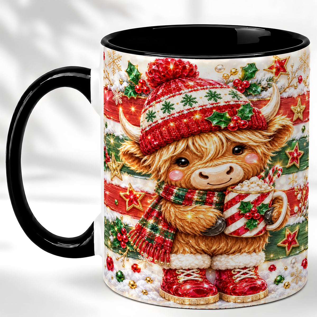 #pl[11oz|Black] Christmas Highland Cow Coffee Mug, Holiday Cow Mug, Ceramic Cup