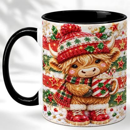 #pl[11oz|Black] Christmas Highland Cow Coffee Mug, Holiday Cow Mug, Ceramic Cup
