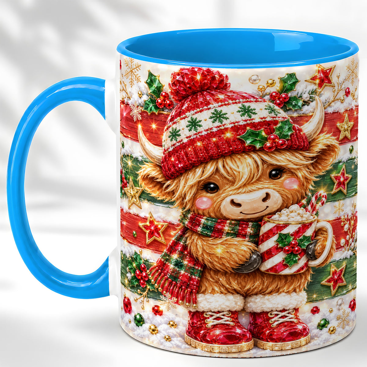 #pl[11oz|Blue] Christmas Highland Cow Coffee Mug, Holiday Cow Mug, Ceramic Cup