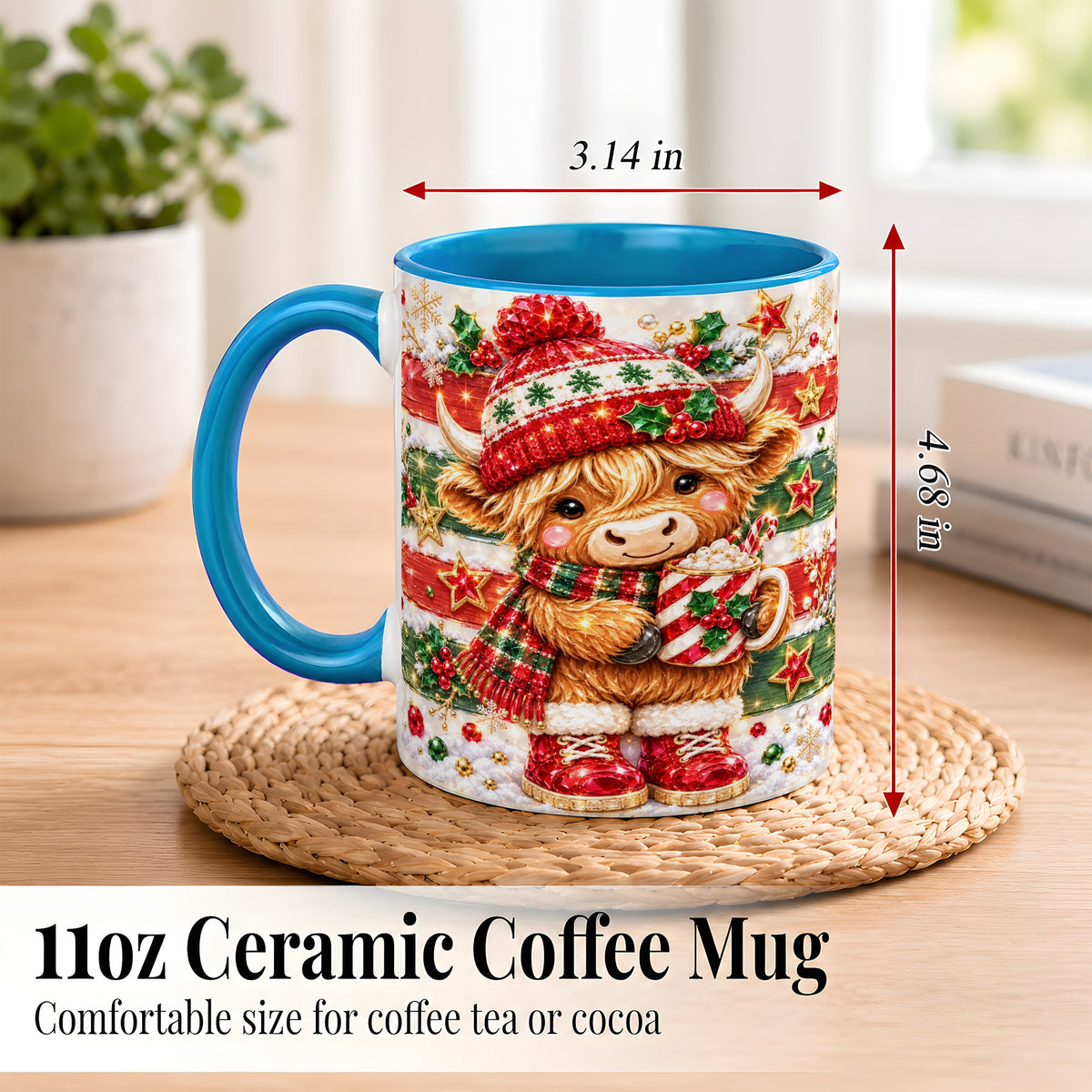 #pl[11oz|Blue] Christmas Highland Cow Coffee Mug, Holiday Cow Mug, Ceramic Cup