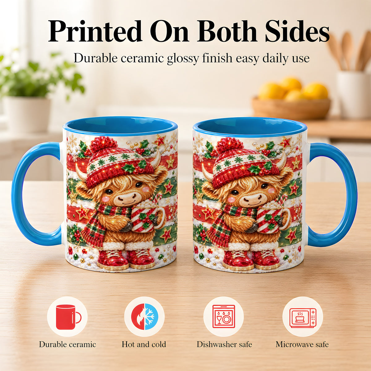 #pl[11oz|Blue] Christmas Highland Cow Coffee Mug, Holiday Cow Mug, Ceramic Cup