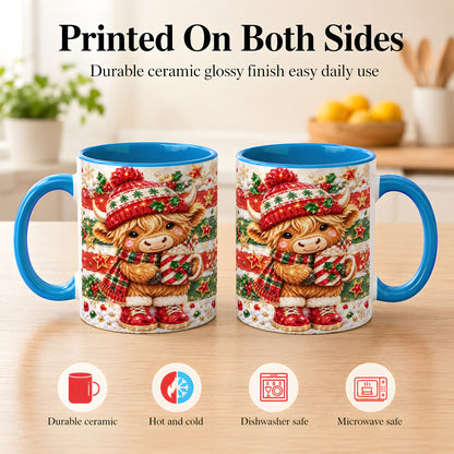 #pl[11oz|Blue] Christmas Highland Cow Coffee Mug, Holiday Cow Mug, Ceramic Cup
