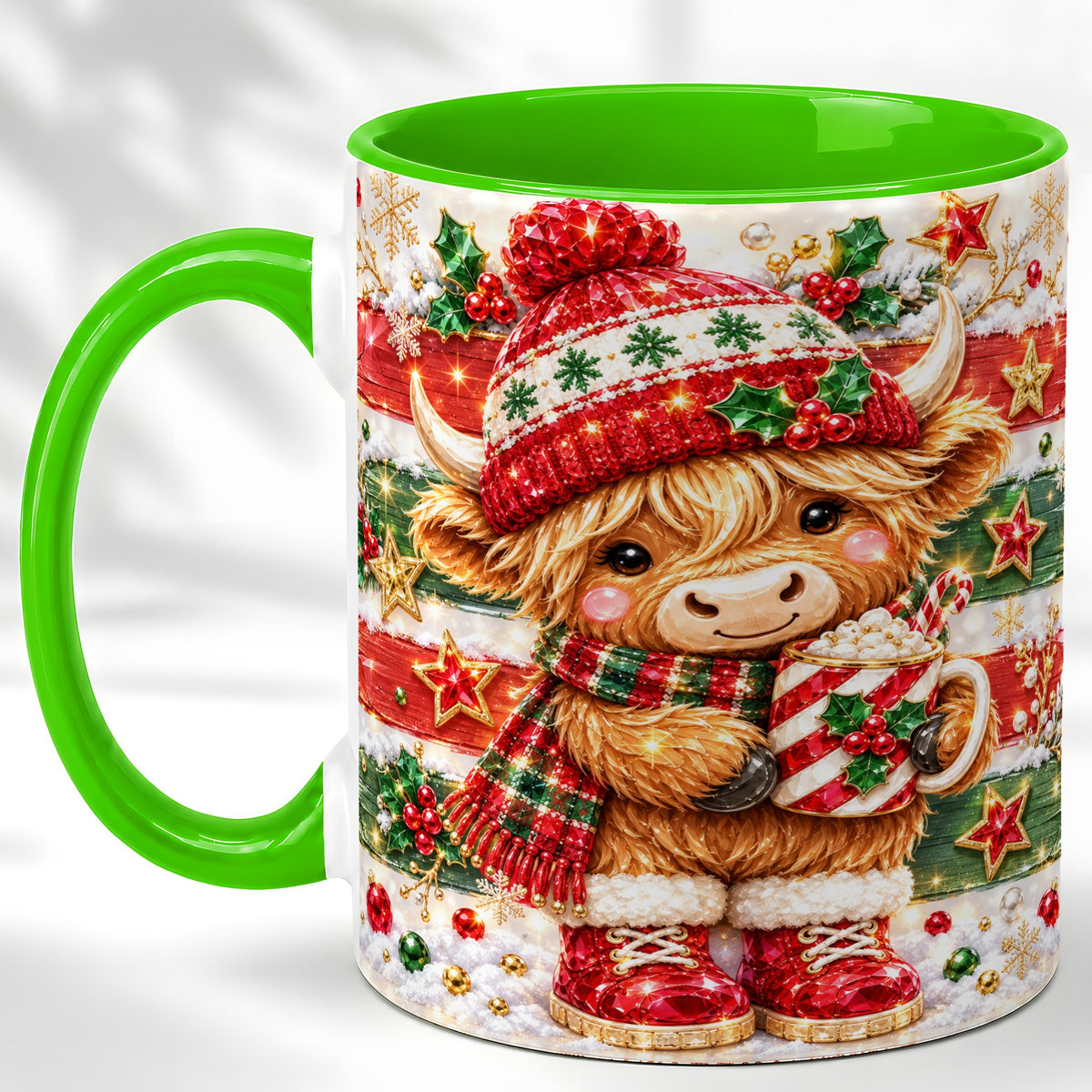 #pl[11oz|Green] Christmas Highland Cow Coffee Mug, Holiday Cow Mug, Ceramic Cup